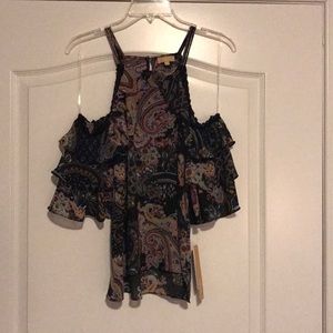Navy blue paisley cold shoulder ruffle top, Medium